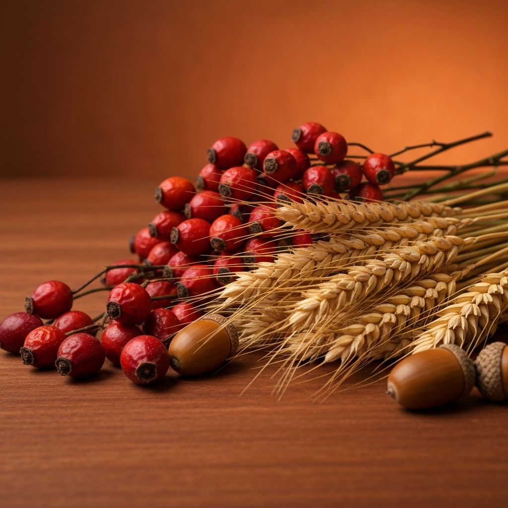 Autumn harvest of dried berries and roots